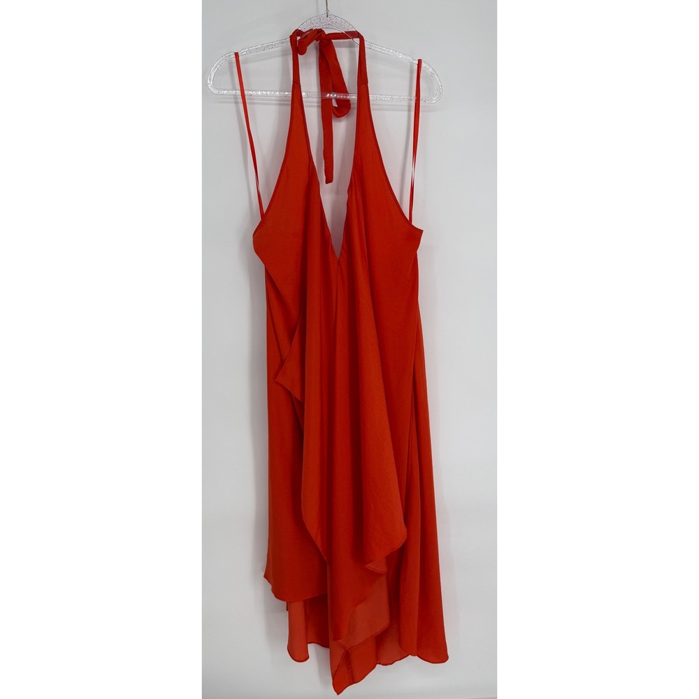 BCBGMAXAZRIA Womens Orange Halter Handkerchief Hem Midi Dress Size M Satin Look